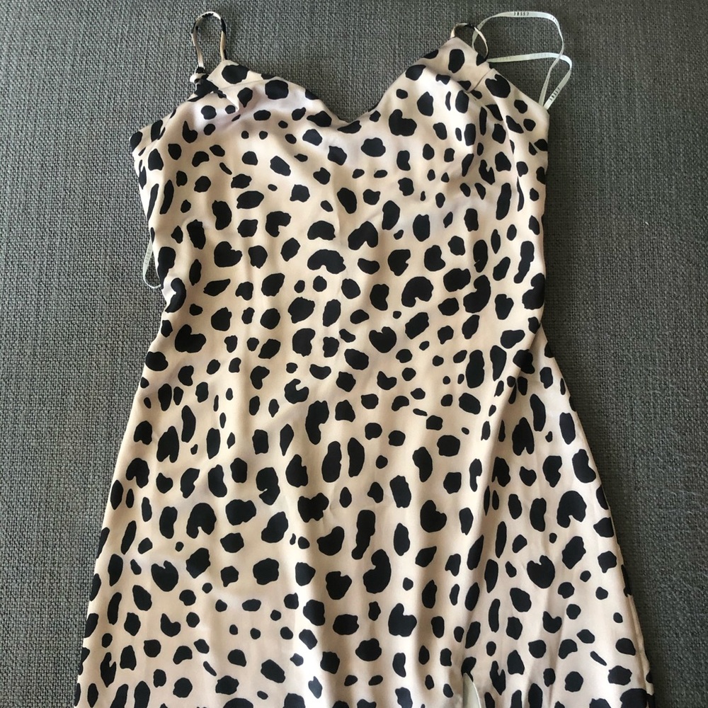 Satin leopard print midi dress slit black spotted